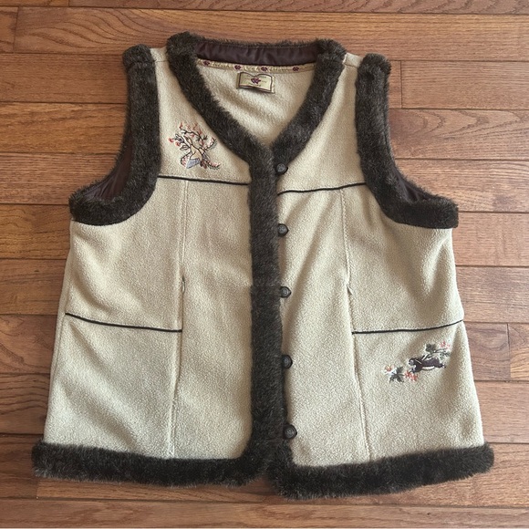 red fashion Jackets & Blazers - Cottagecore rustic embroidered fleece vest